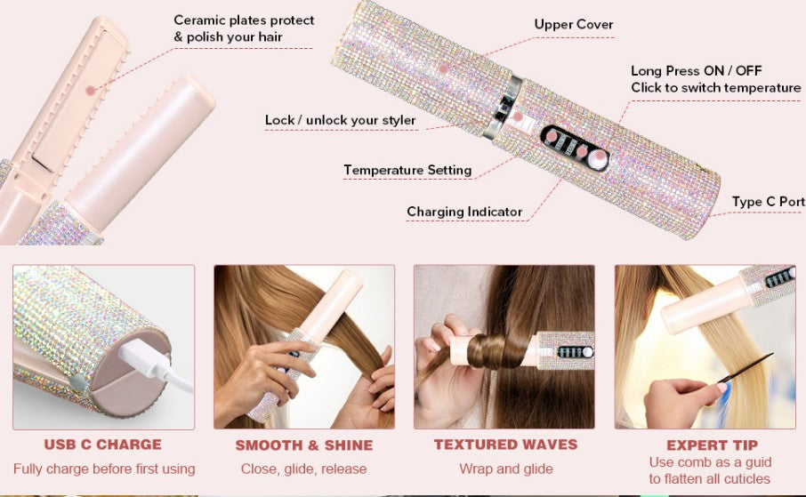 Electric USB Hair Straightening Brush Multifunctional Hair Curler Comb Styler - Pink
